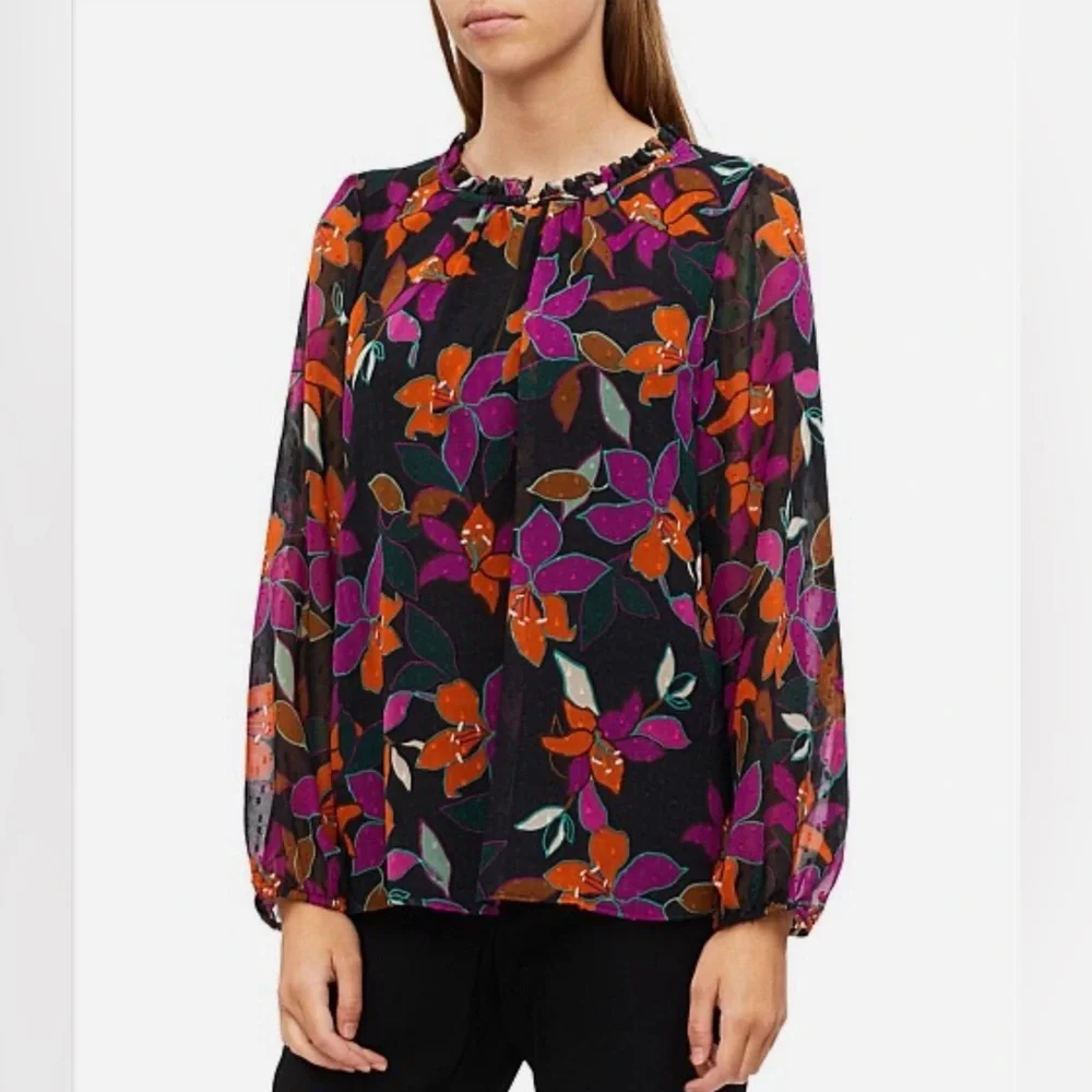 Calvin‎ Klein Women’s Floral Chiffon Blouse Long Sleeve Multicolor Lined Size 1X